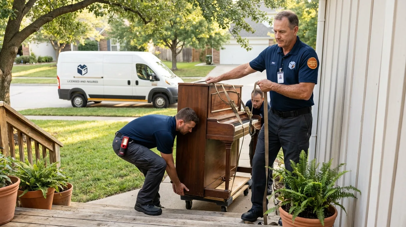 Licensed piano movers securing grand piano in Randolph, VT