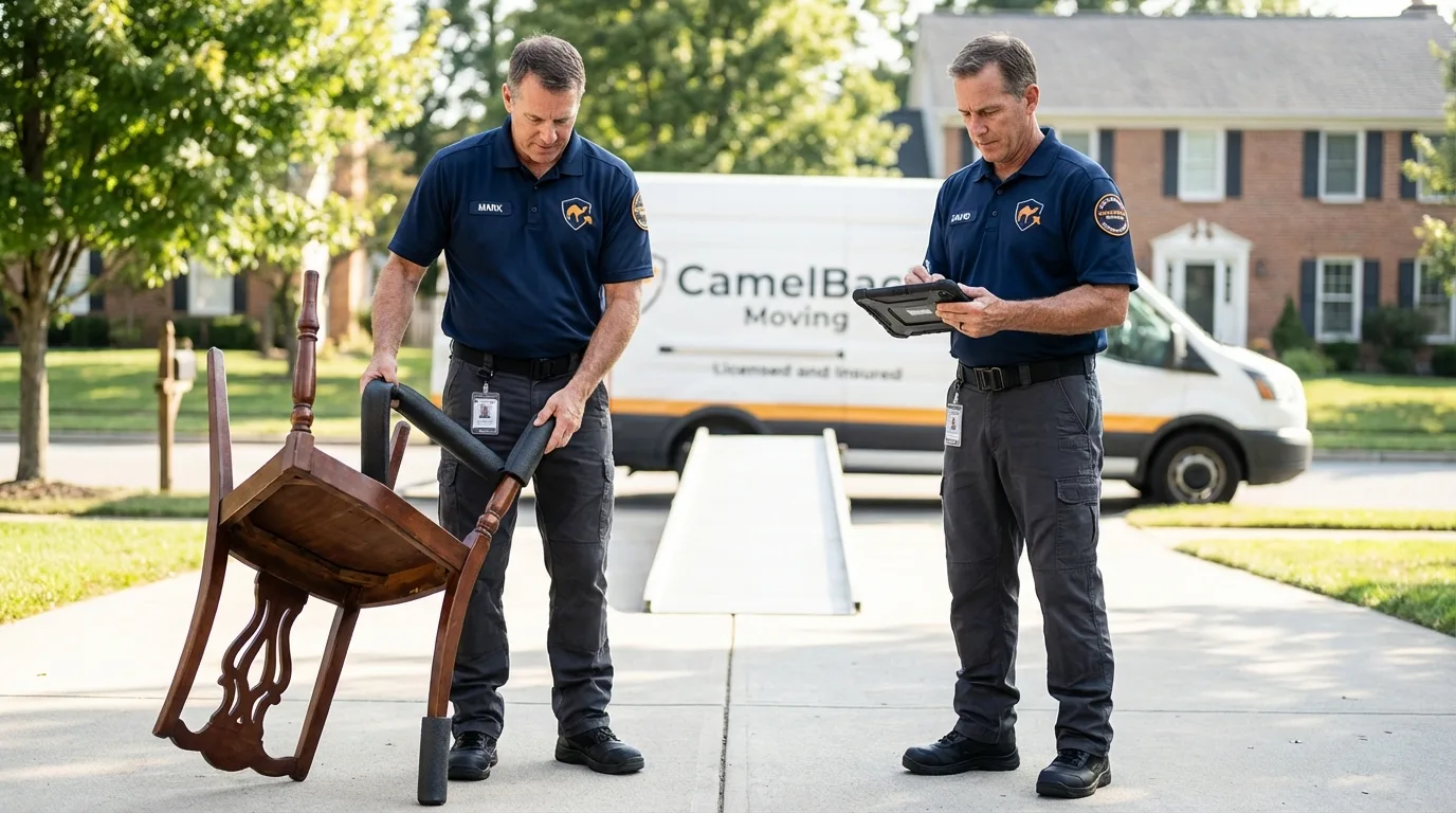 Movers inspecting furniture for damage prevention before loading in Randolph, VT