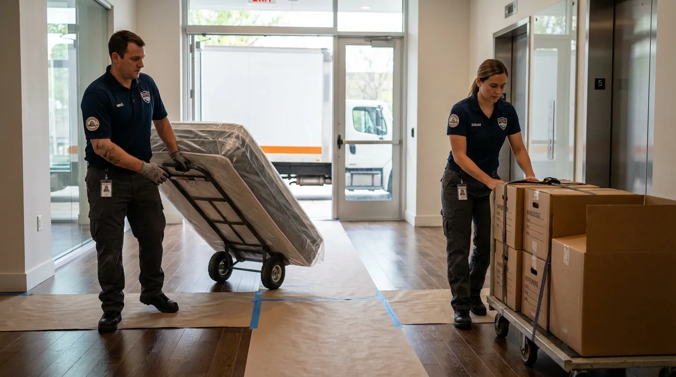Professional apartment movers loading elevator in Randolph, VT